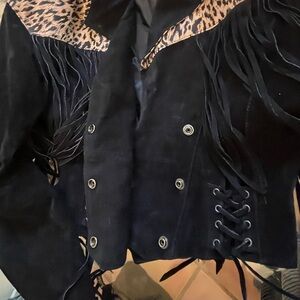 Chic Black Suede Jacket with Fringe and Leopard Accents corset details sz small
